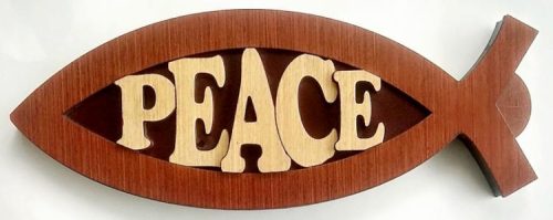 810013850338 Peace Fish Shaped Wood Plaque