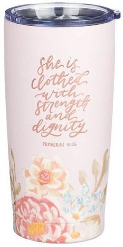 1220000327634 Strength And Dignity Pink Floral Stainless Steel Travel Tumbler Proverbs 31