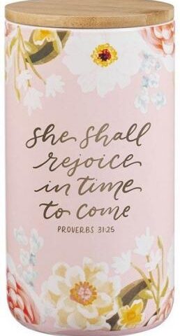 1220000327580 She Shall Rejoice Ceramic Gratitude Jar Proverbs 31:25