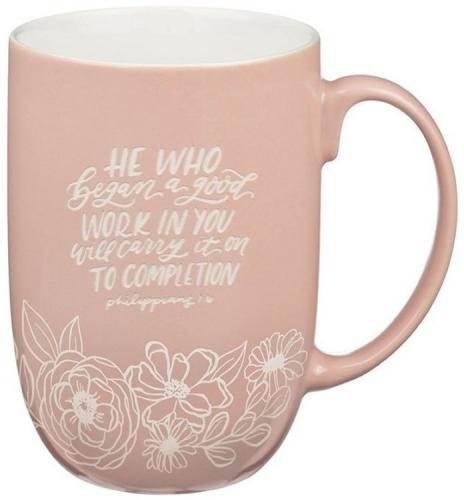 1220000328129 Good Work Pink Floral Ceramic Coffee Mug Philippians 1:6